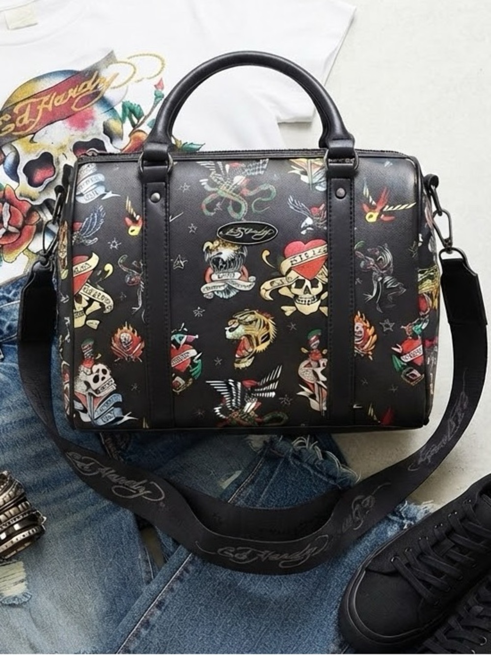 Ed Hardy Black Tattoo Flash Print Satchel Crossbody Bag Street Style Whimsygoth